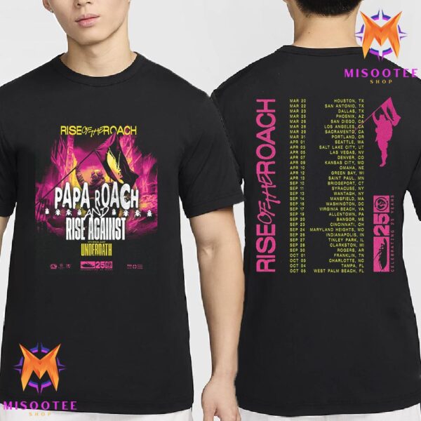 Papa Roach And Rise Against Rise Of The Roach Tour With Special Guest Underoath Take Place Across The EU And UK In 2025 Celebrating 25 Years Two Sides Unisex T Shirt