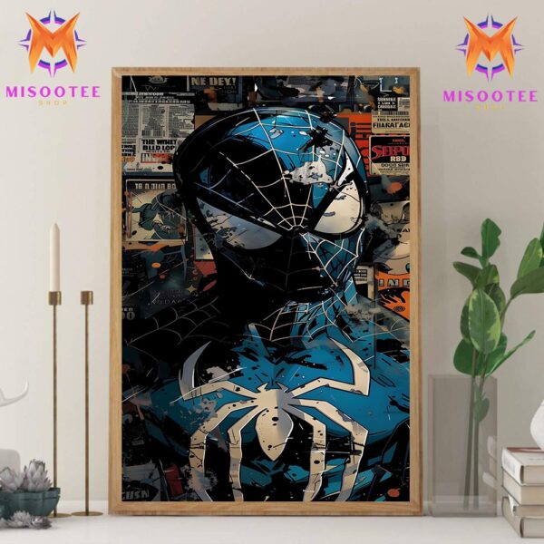 The Dark Side Of The Web Blue Suit Spider Man Amidst A Chaotic Urban Backdrop Wall Decor Canvas Poster