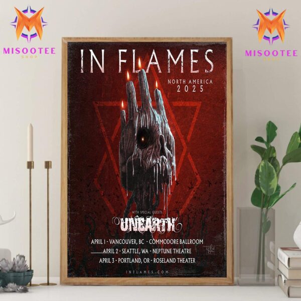 In Flames North America 2025 Tour With Special Guests Unearth In April 2025 Wall Decor Canvas Poster